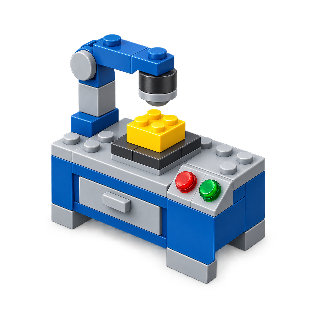 A compact Lego test bench with red and green indicators.