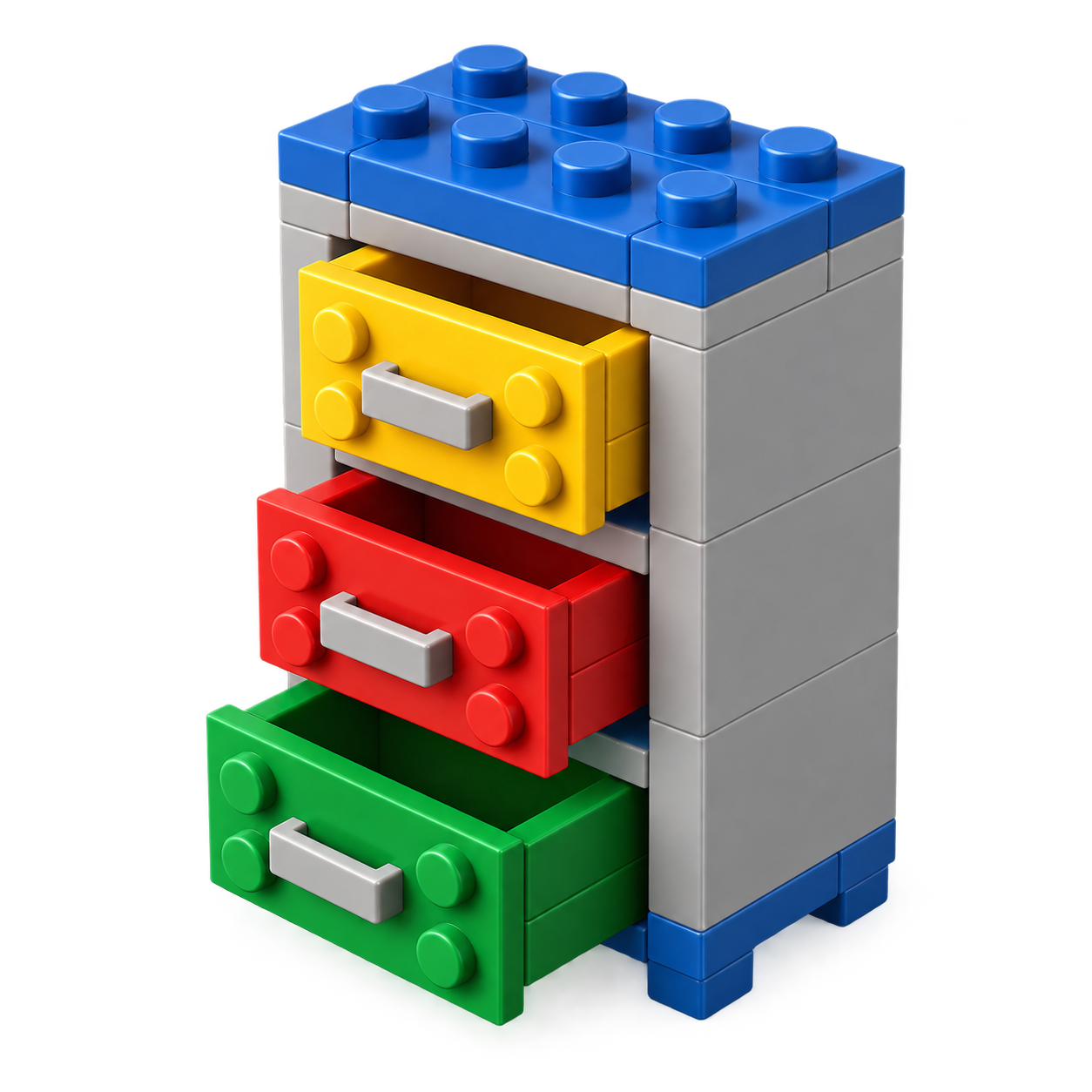A small Lego filing cabinet with colored drawers.